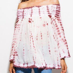 BRAND NEW w. TAGS Red Tie Dye Off the Shoulder Top w. Crochet Trim